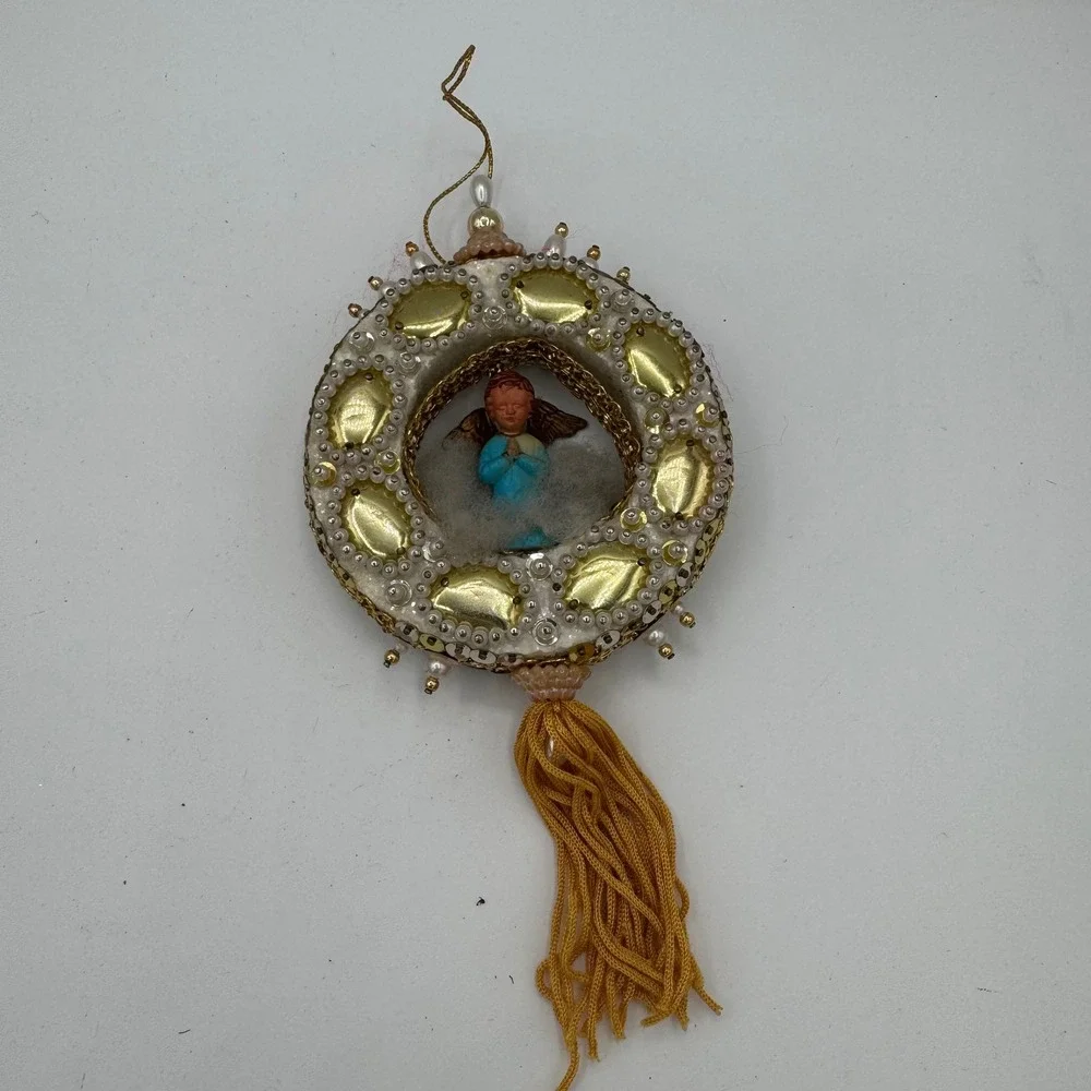Vintage Handmade Diorama Angel Christmas Ornament Gold Pearl Tassel Mid Century